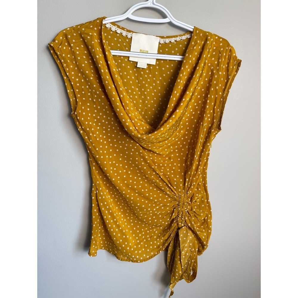 Maeve Polka Dot Silk Cowl Neck Blouse Womens 0 Mustard Yellow Boho Chic Office